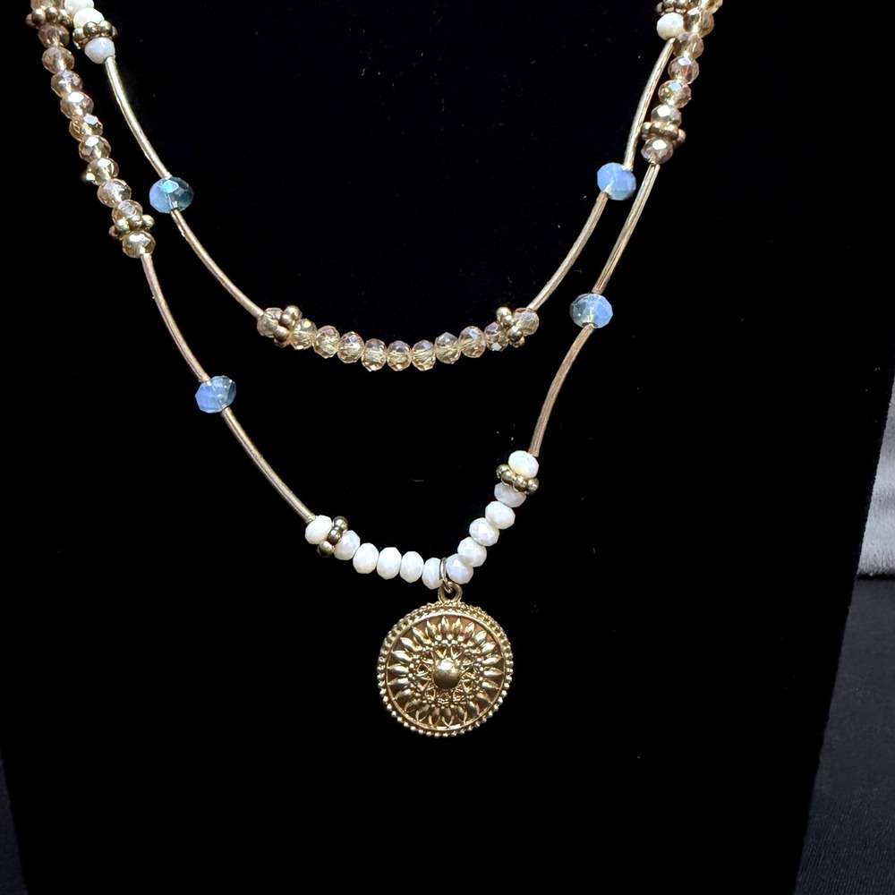 Long Beaded Sunburst Medallion Necklace Women OS Gold Blue Boho